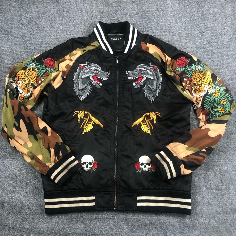 Reason Men’s Camouflage Sleeve Embroidered Varsity Jacket